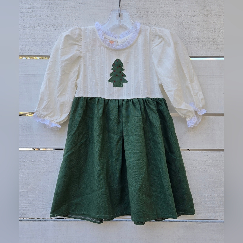 Boutique Christmas Tree Cottagecore Girls 18-24M Smocked Embroidered Lace Dress